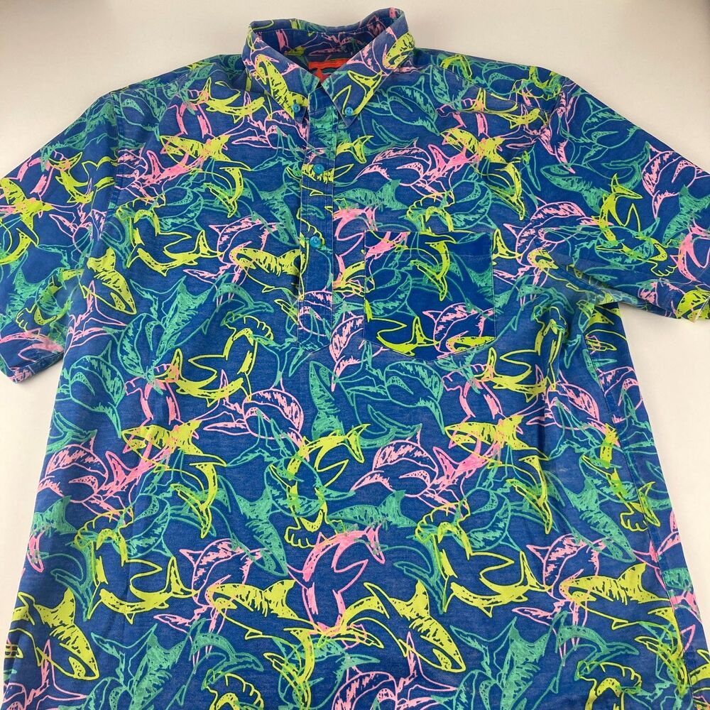 Chubbies Shirt Men's XL Blue Neon Shark Print Stretch Button Down Short Sleeve